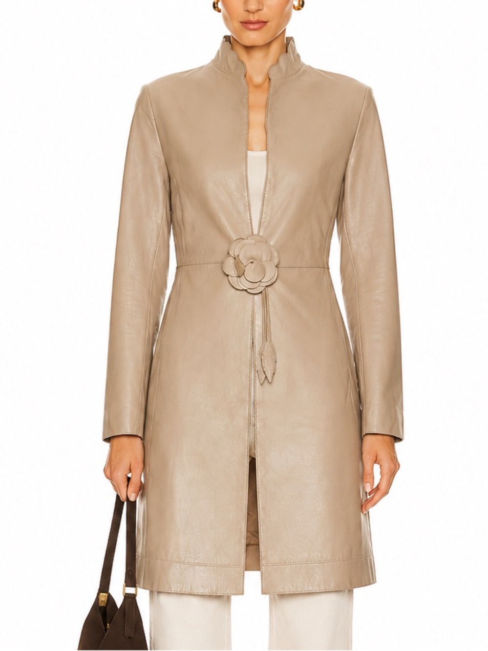 Teski Leather Beige Flower Closure Long Coat Jacket Size S vintage